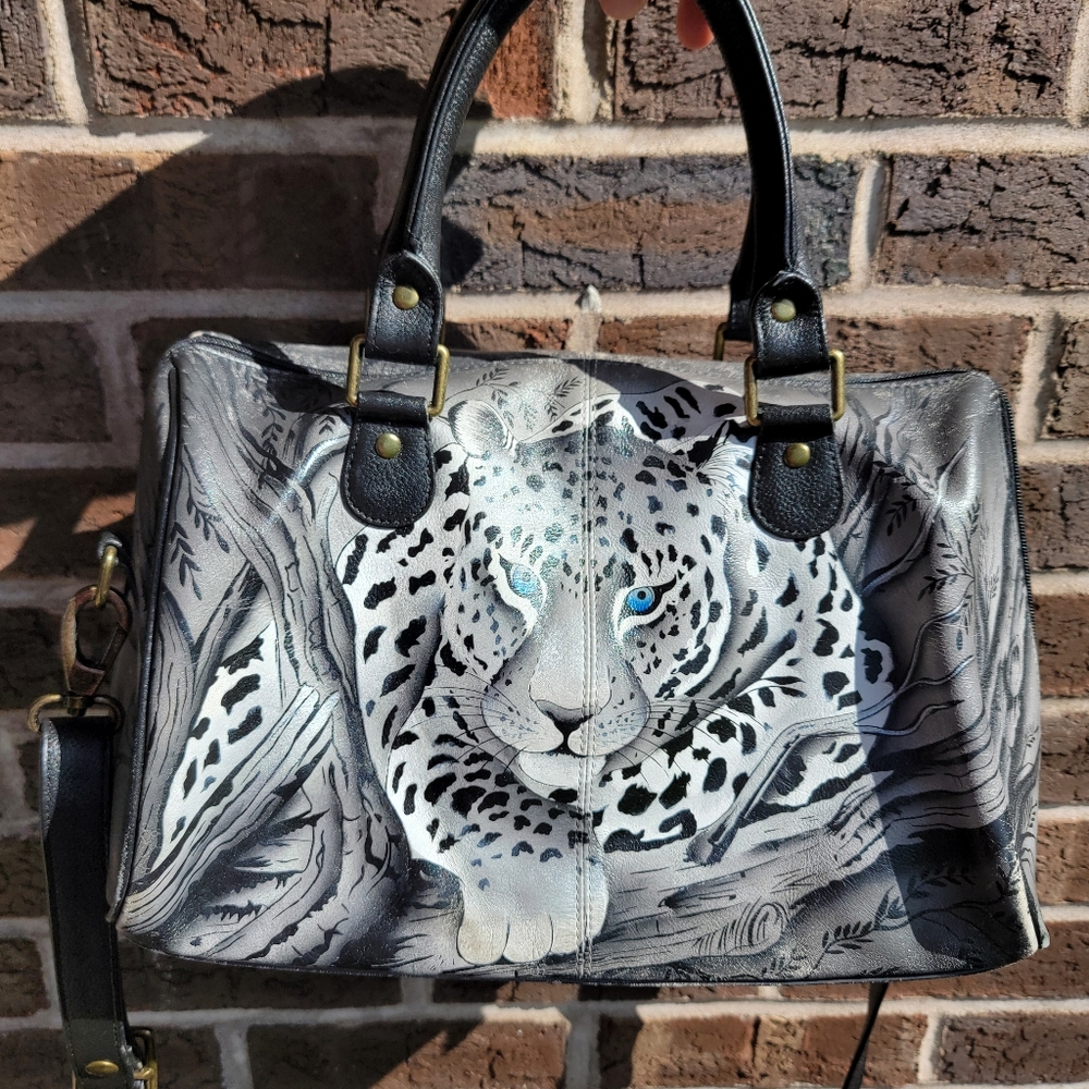 Anna by Anuschka African Leopard Genuine Leather Crossbody Satchel Hand-Painted - Picture 1 of 13